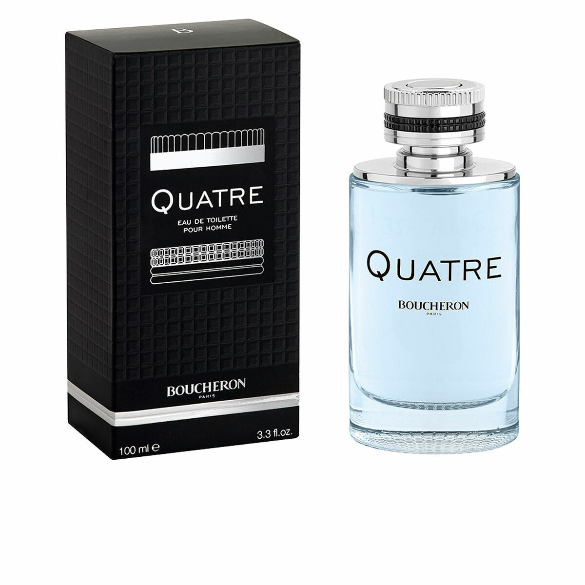 Boucheron Quatre Pour Homme EDT 100 ml bottle and box display, luxury men's fragrance.