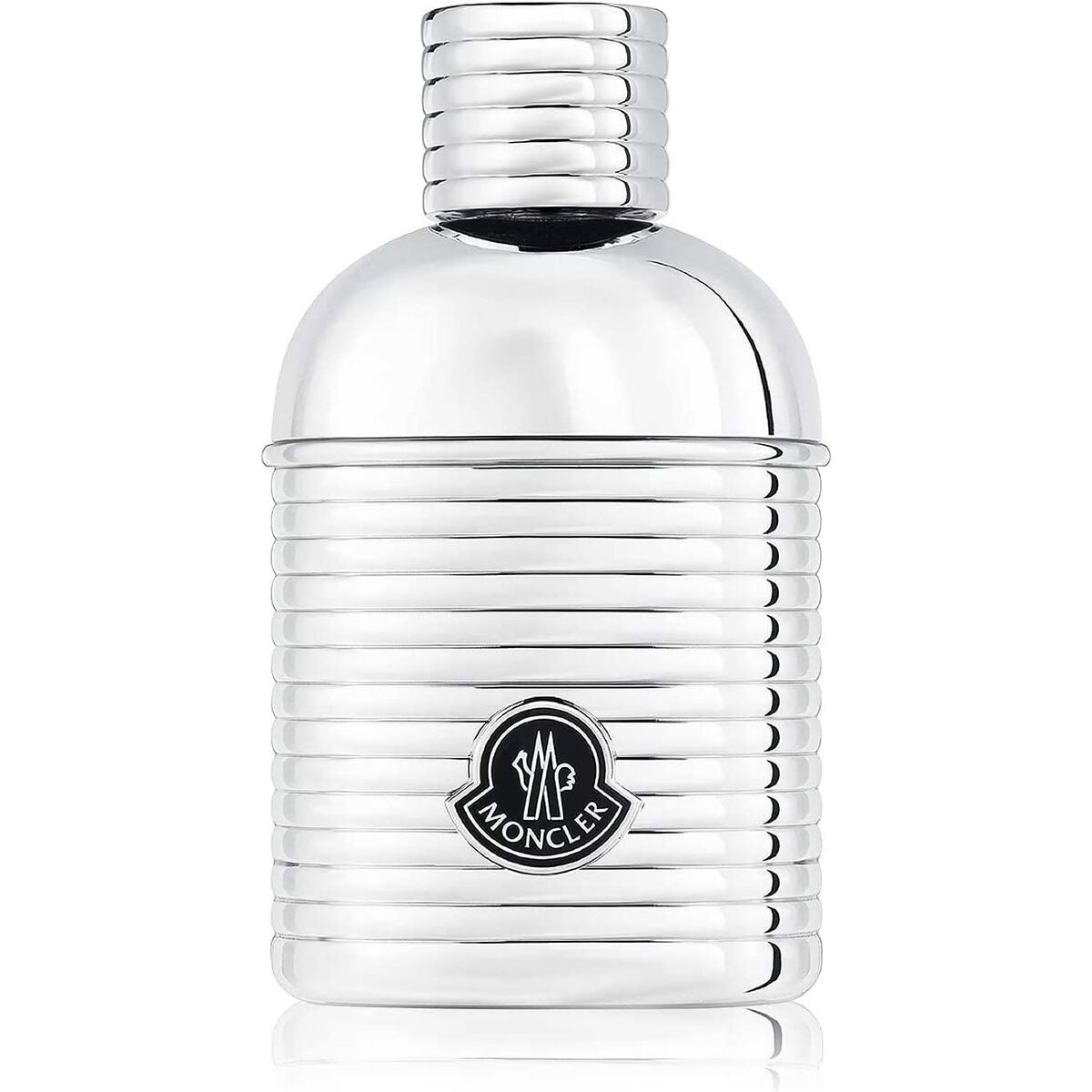 Parfum Homme Moncler Pour Homme 100 ml, bouteille en métal argenté avec logo Moncler.