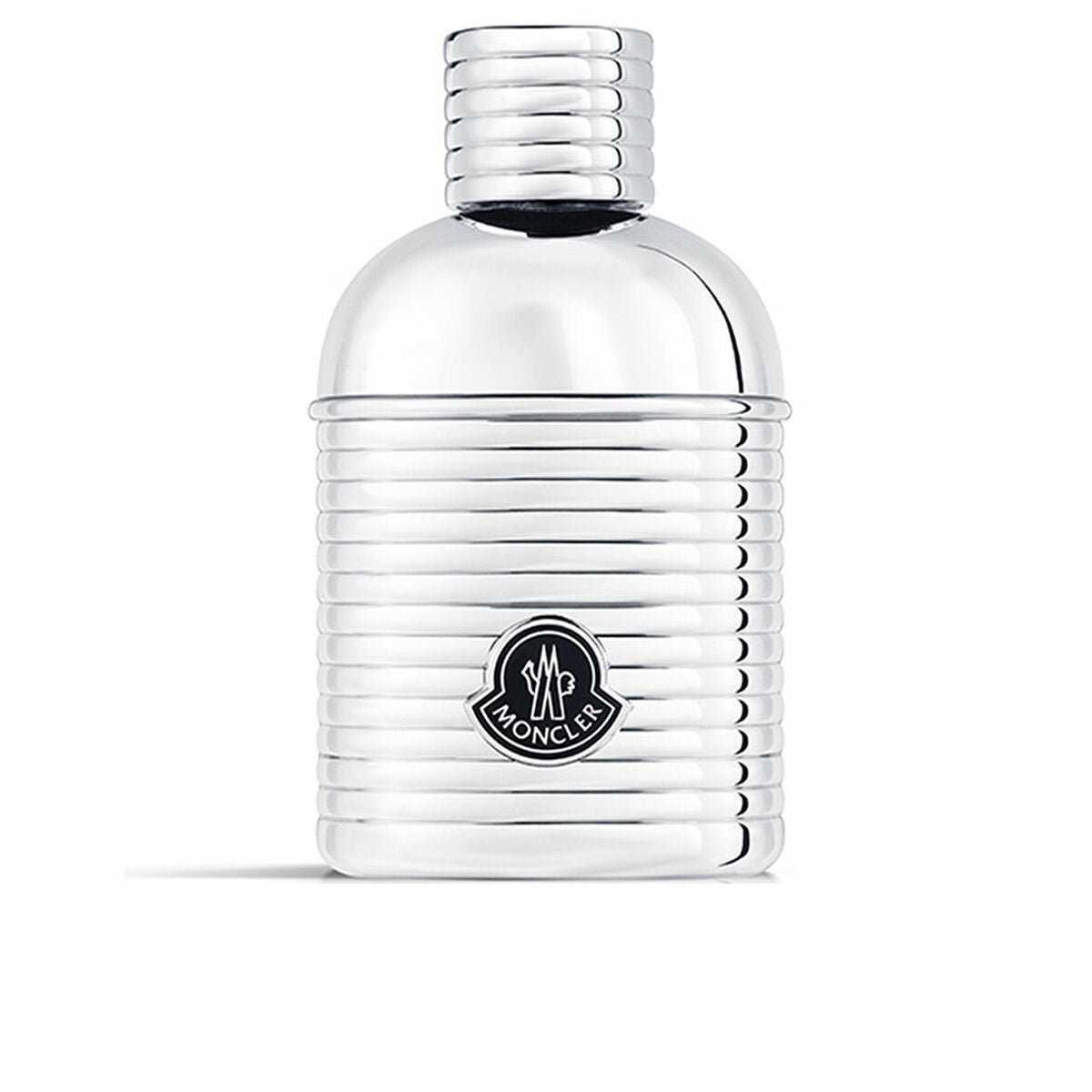 Flacon de parfum Pour Homme Moncler 100 ml, élégant design en métal, logo Moncler visible.