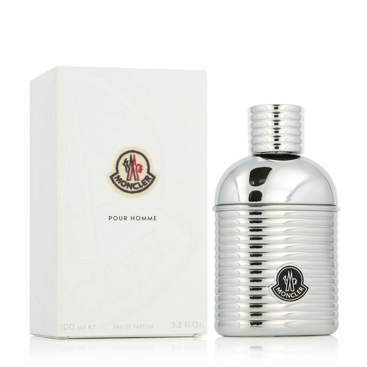 Parfum Homme Moncler Pour Homme 100 ml flacon et boîte, eau de parfum pour hommes, design élégant et authentique.