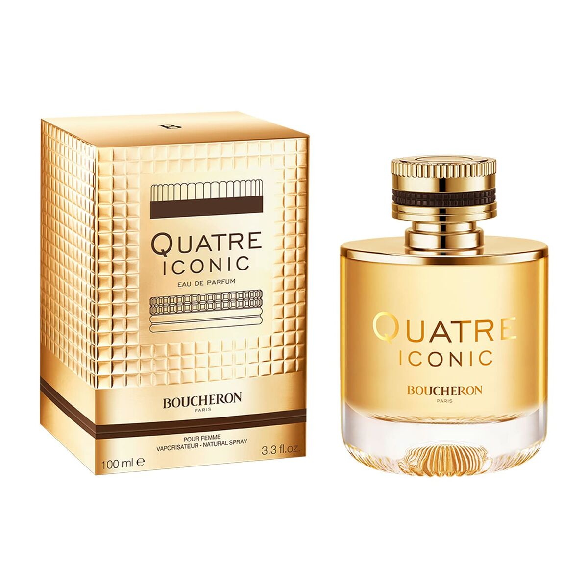Parfum Femme Boucheron Quatre Iconic, flacon de 100 ml, Eau de Parfum avec packaging doré, élégant et féminin.