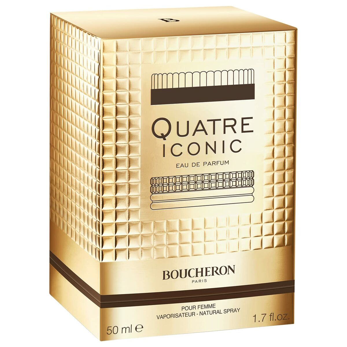 Parfum Femme Boucheron Quatre Iconic 50 ml packaging, elegant gold design, Eau de Parfum for women.