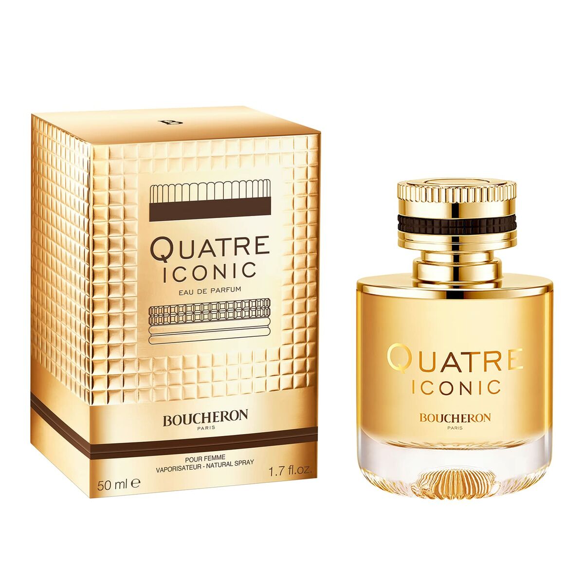 Boucheron Quatre Iconic 50 ml Eau de Parfum for women with elegant packaging, showcasing luxury and femininity.