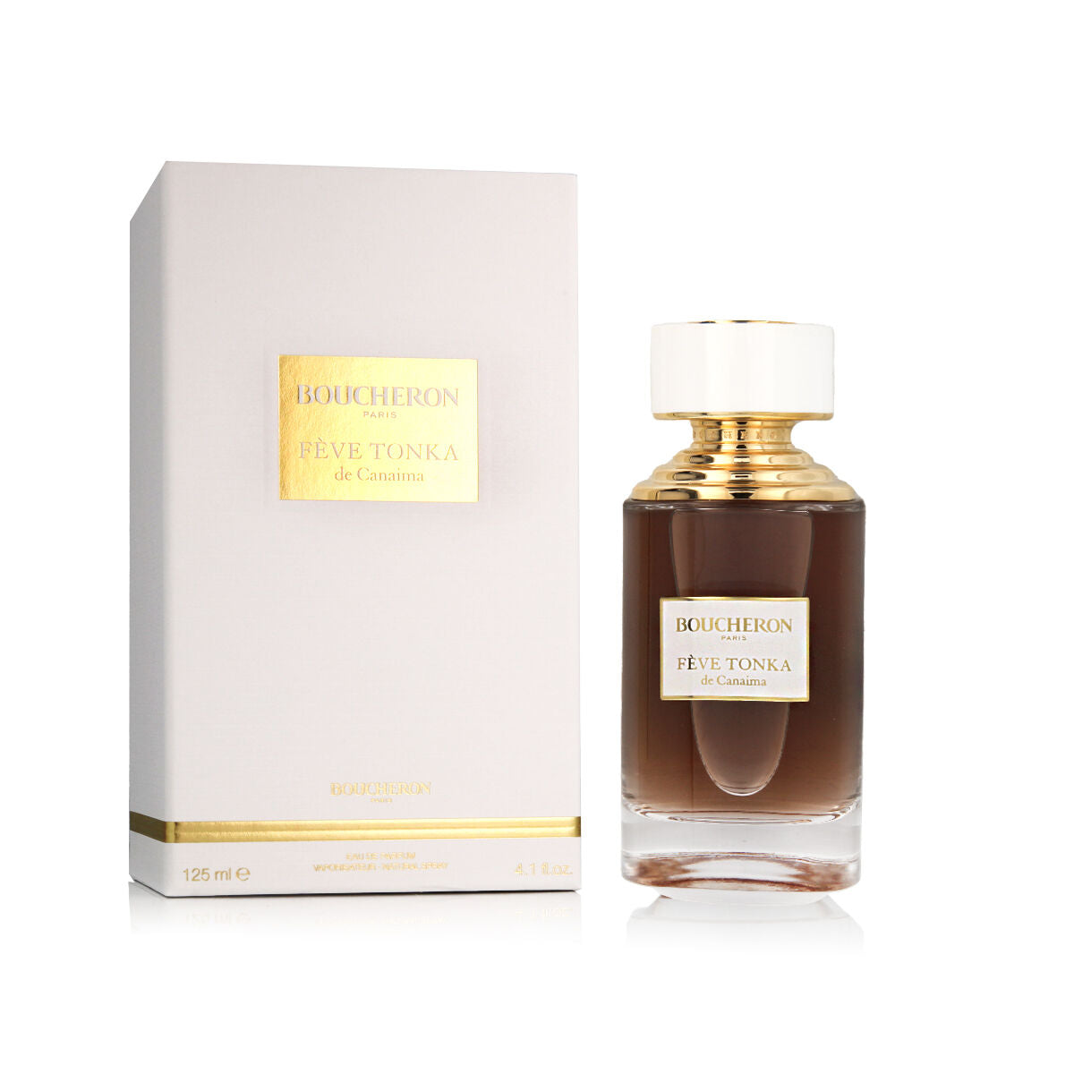 Parfum Boucheron Fève Tonka de Canaima en flacon de 125 ml avec emballage élégant.