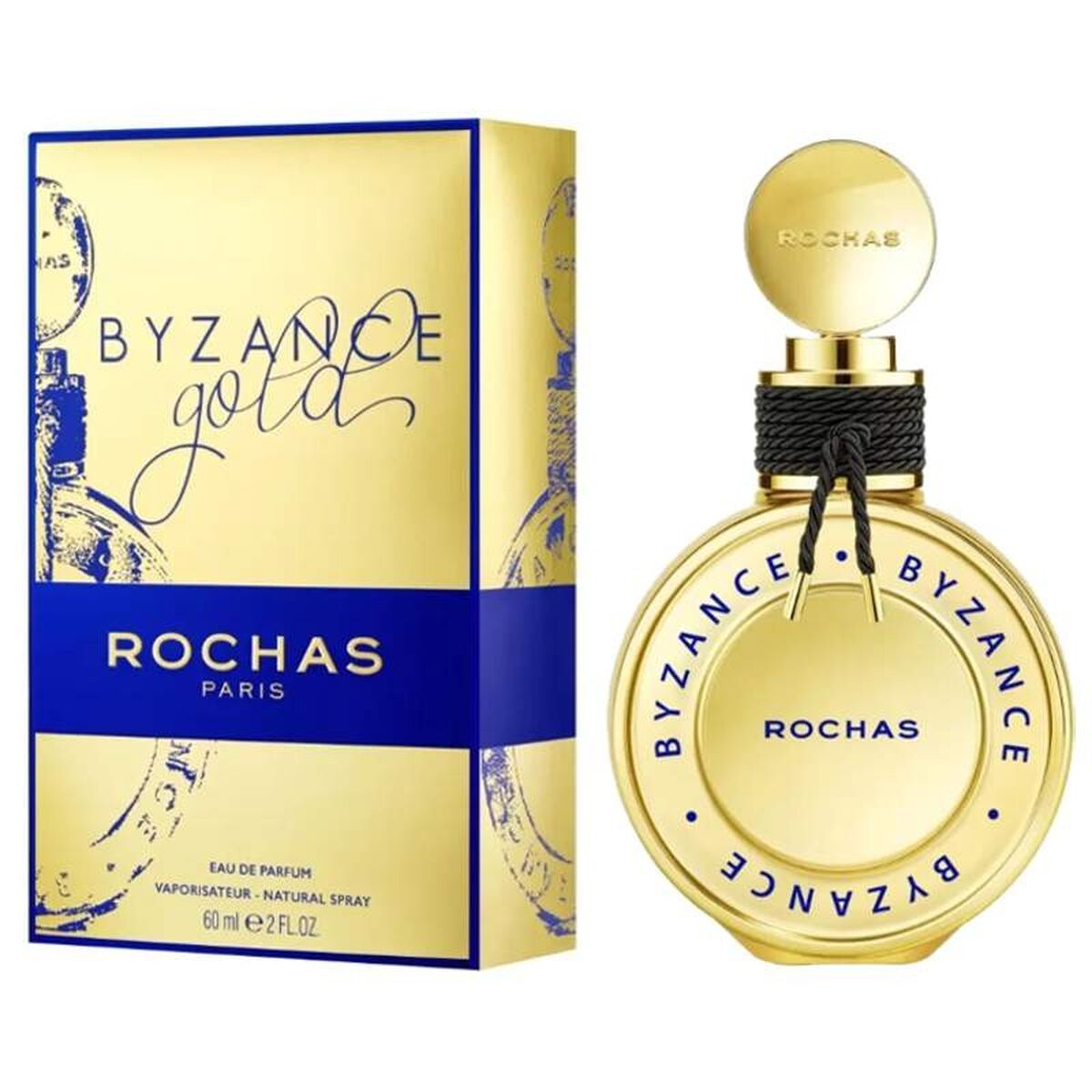 Rochas Byzance Gold EDP 60 ml perfume bottle and box design, elegant and luxurious eau de parfum for women.
