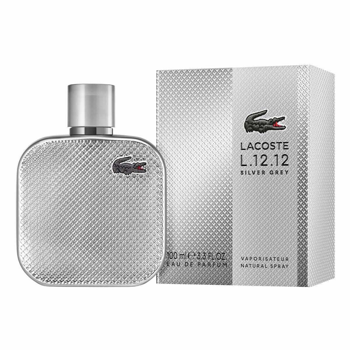 Parfum homme Lacoste L. 12 .12 Silver Grey avec flacon et emballage, 100% authentique, pour un parfum inoubliable.