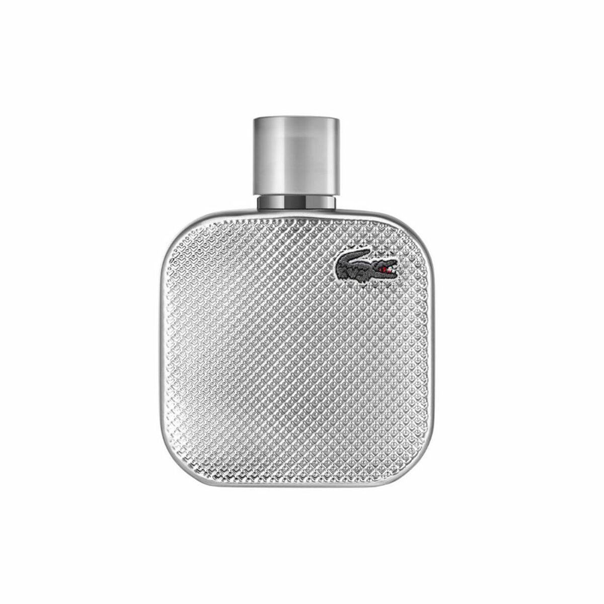 Parfum Homme Lacoste L. 12.12 POUR LUI in a sleek silver bottle with iconic crocodile logo.