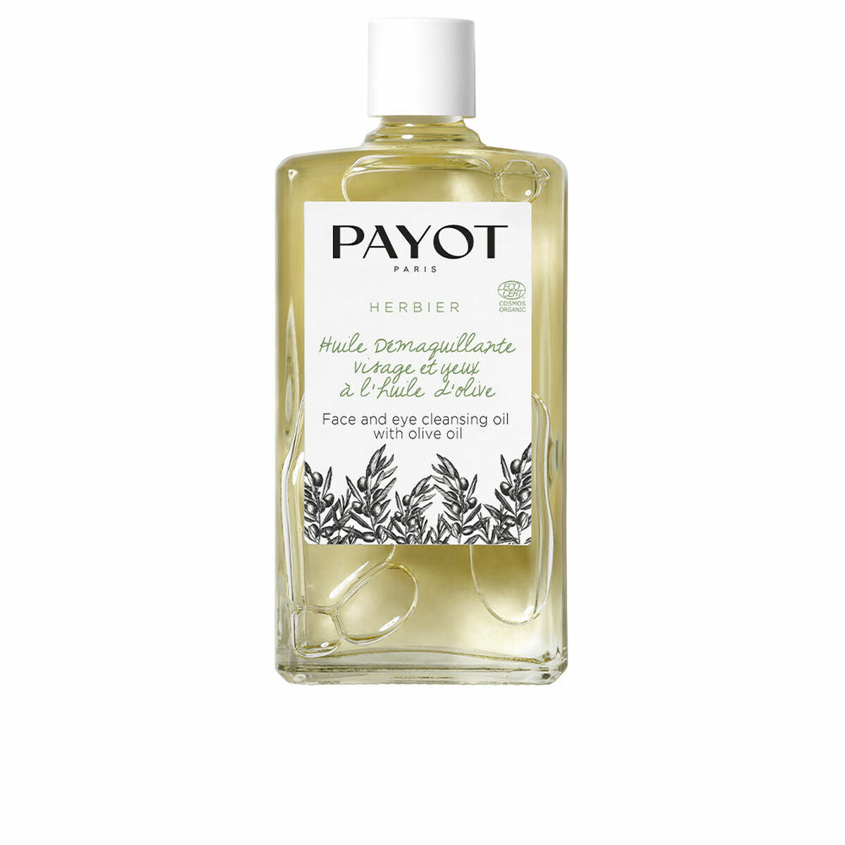 Huile démaquillante Payot Herbier, nettoyante visage et yeux à l'huile d'olive, packaging élégant.