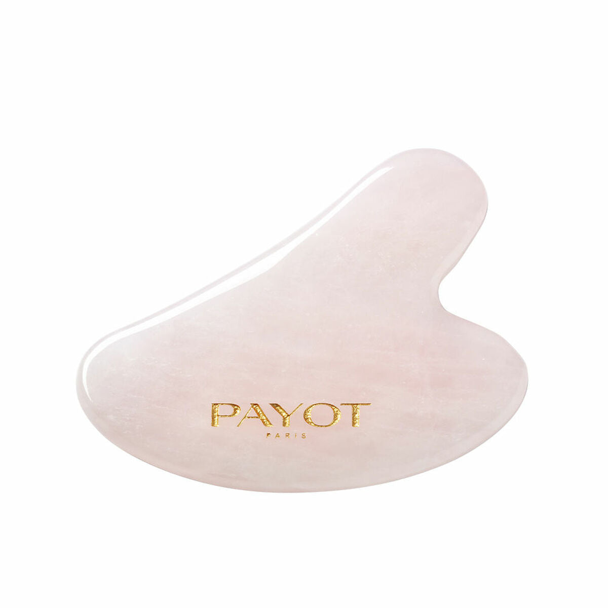 Gua sha tool by Payot, made of rose quartz for facial massage and skincare, enhancing beauty rituals.