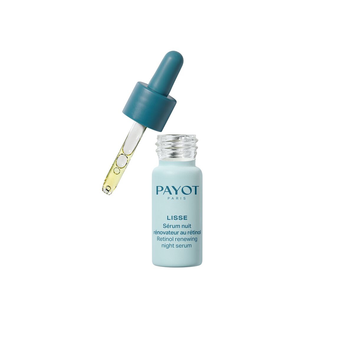Sérum anti-âge de nuit Payot Lisse dans un flacon avec pipette pour une application précise.