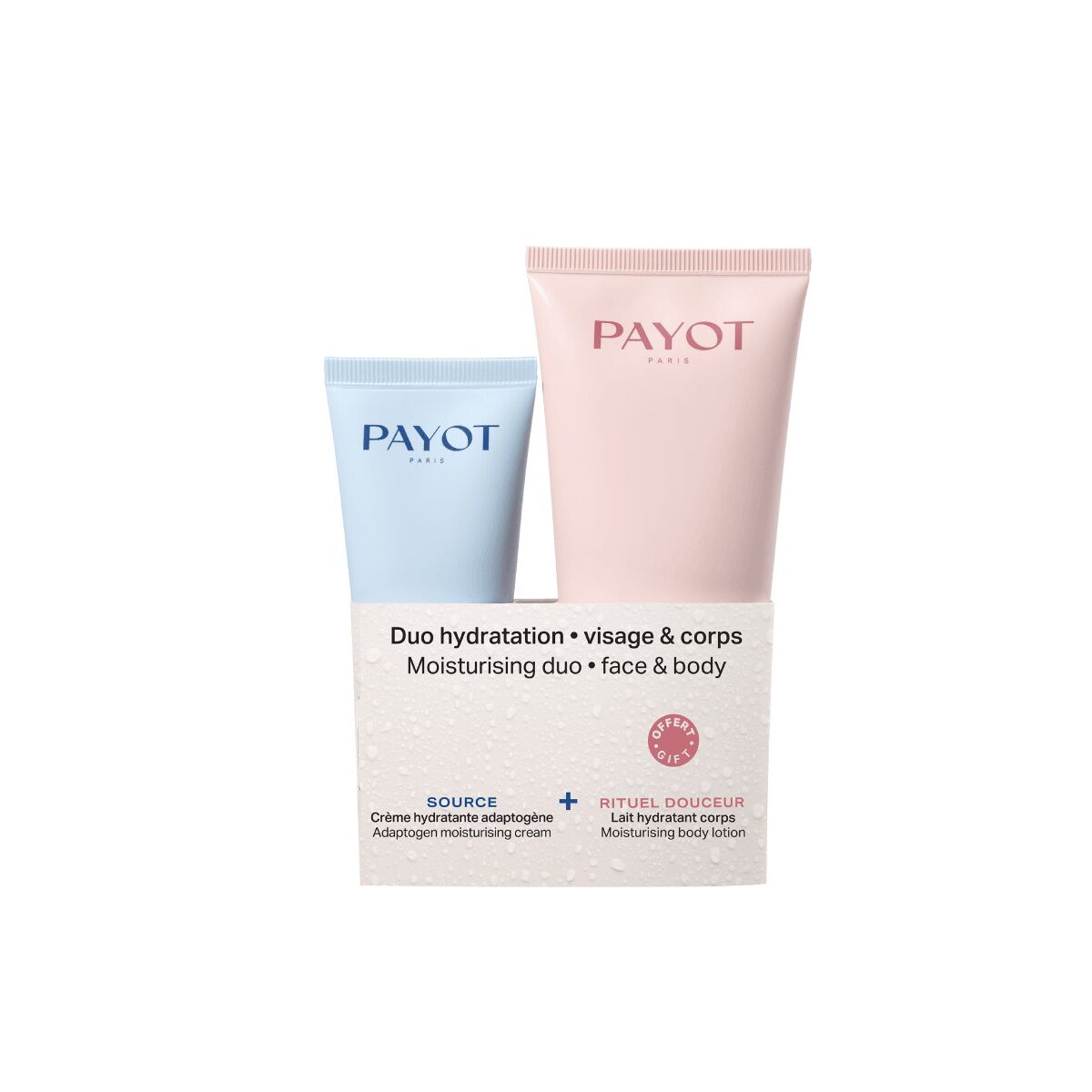 Set de cosmétiques Payot incluant lotion corps 100ml et crème visage 30ml pour hydratation optimale.