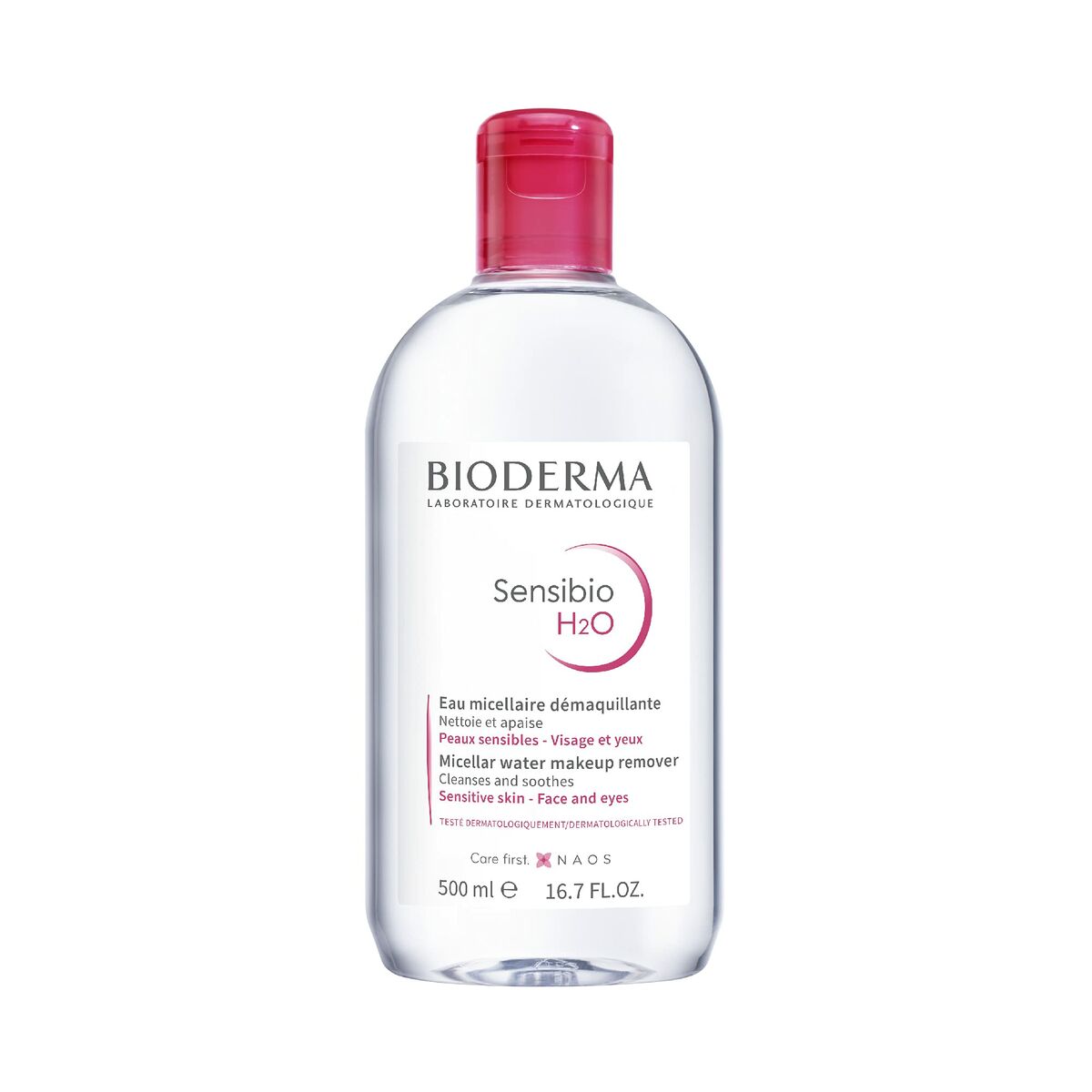 Eau micellaire démaquillante Bioderma Sensibio H2O 500 ml, nettoyant doux pour visage et yeux, convient aux peaux sensibles.