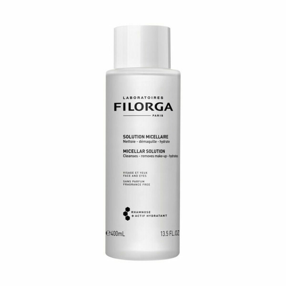 Eau micellaire démaquillante Filorga 400ml, solution nettoyante hydratante pour visage et yeux, sans parfum.