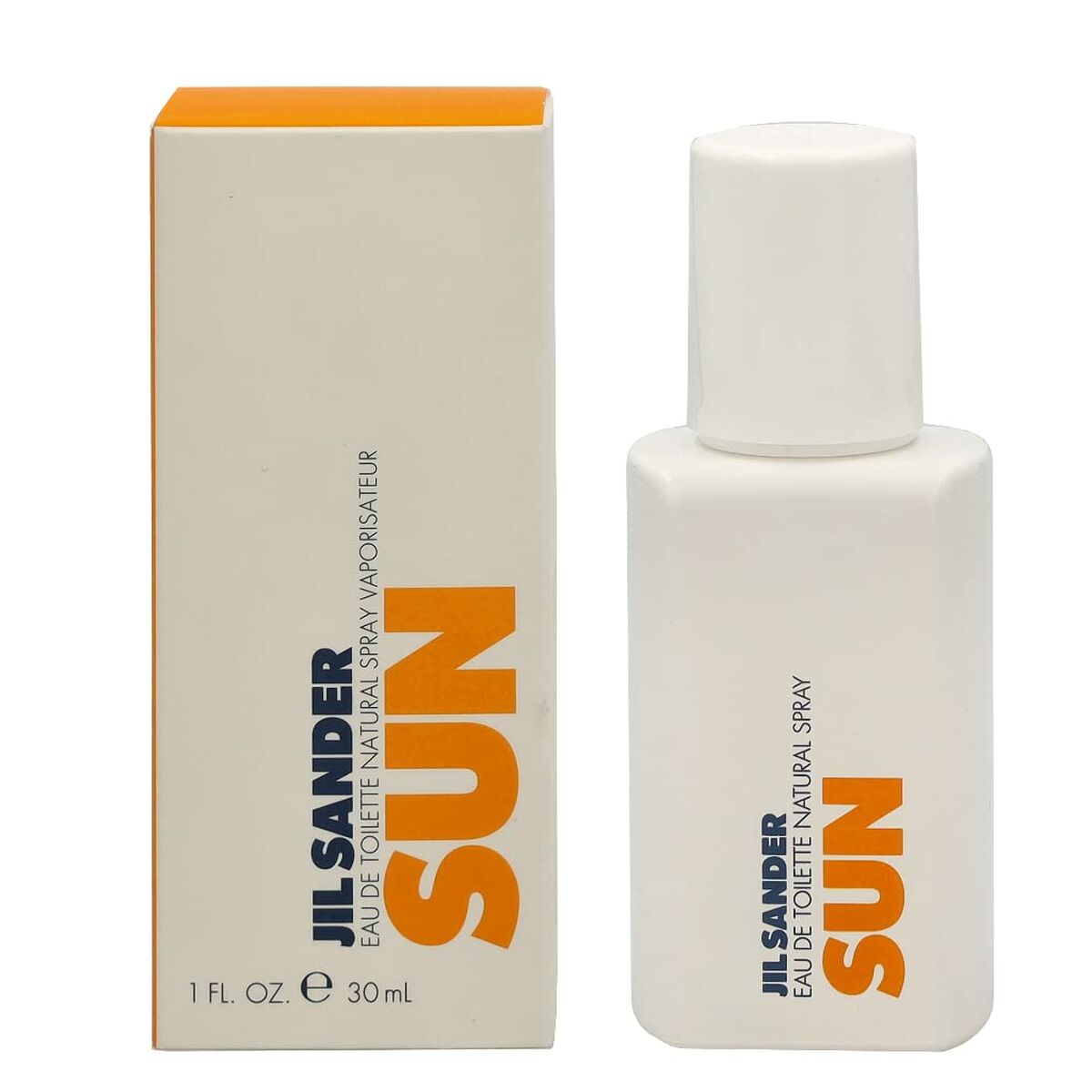 Parfum Femme Jil Sander Sun EDT 30 ml, Eau de Toilette spray in a sleek white bottle with vibrant orange details.