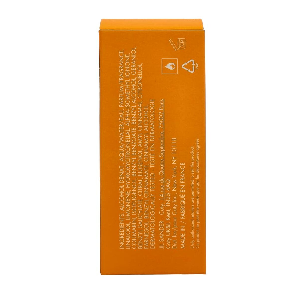 Box packaging of Jil Sander Parfum Femme 11075 EDT 30 ml listing ingredients and product details.