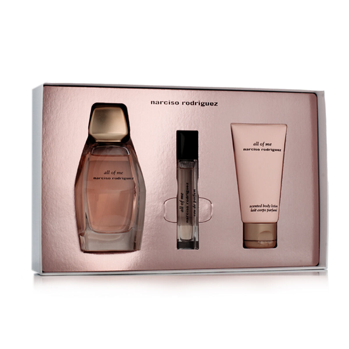 Set de parfum femme Narciso Rodriguez All Of Me avec eau de parfum et lotion corporelle, un coffret cadeau élégant.