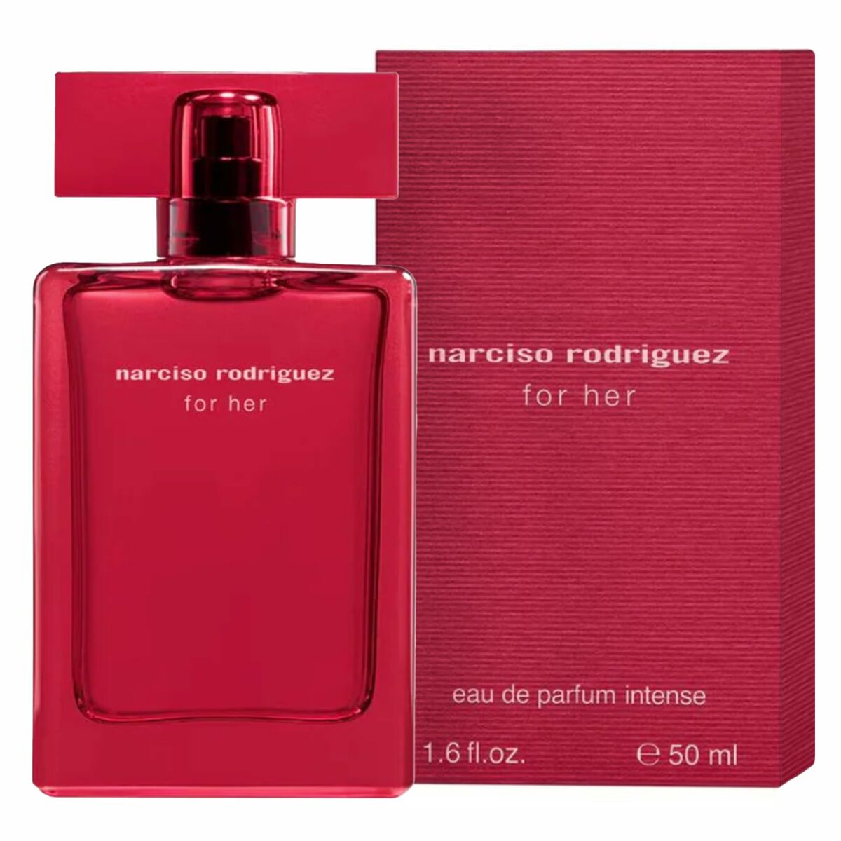 Narciso Rodriguez FOR HER Intense perfume 50 ml in a stylish bottle with red packaging.