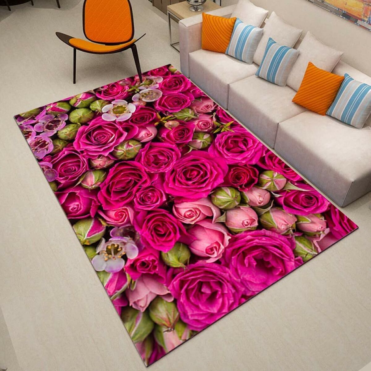 Colorful rose flower carpet design in modern living room with orange chair and cozy sofa