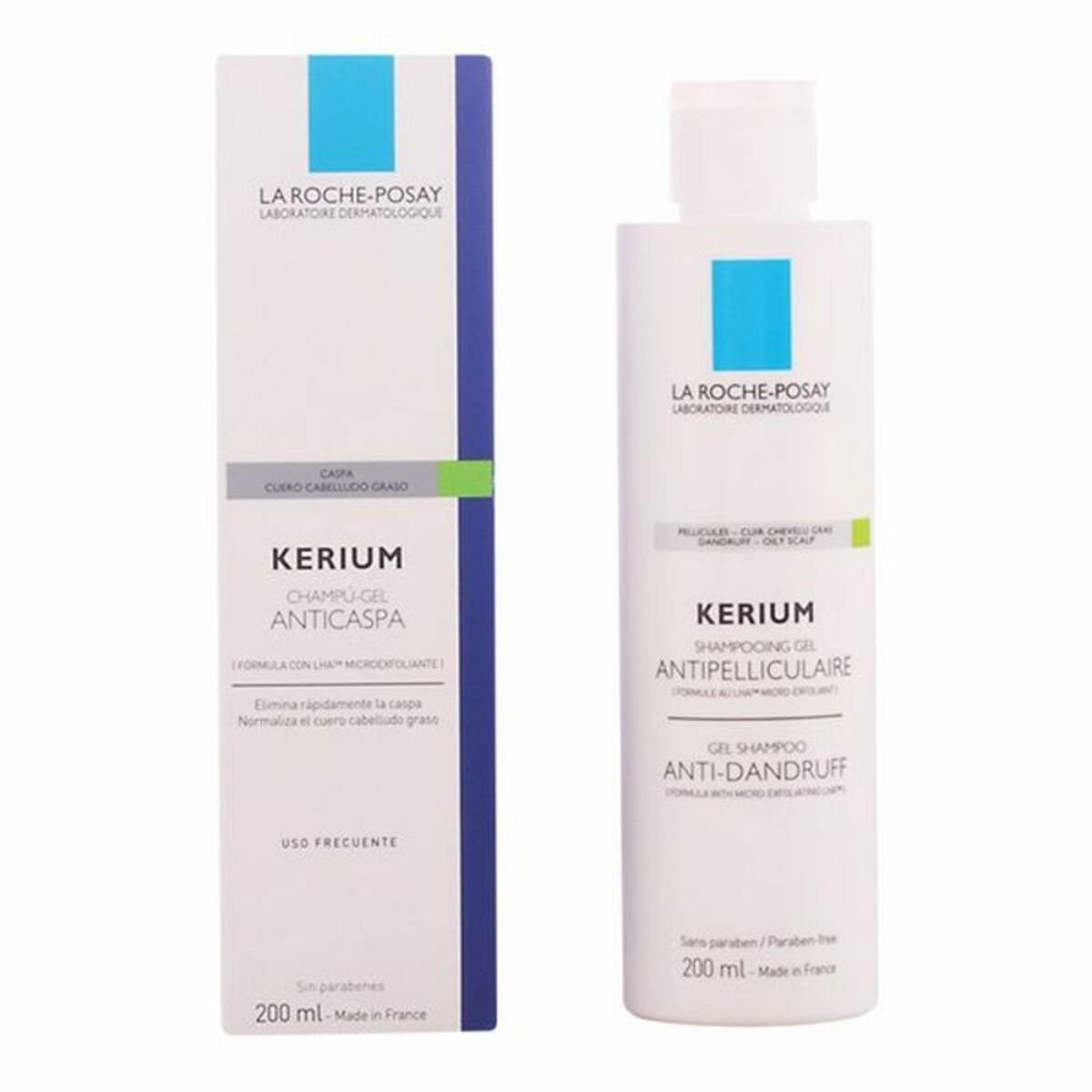 Shampooing exfoliant Kerium La Roche Posay, anti-dandruff treatment for healthy hair, 200ml bottle, dermatologist-tested.