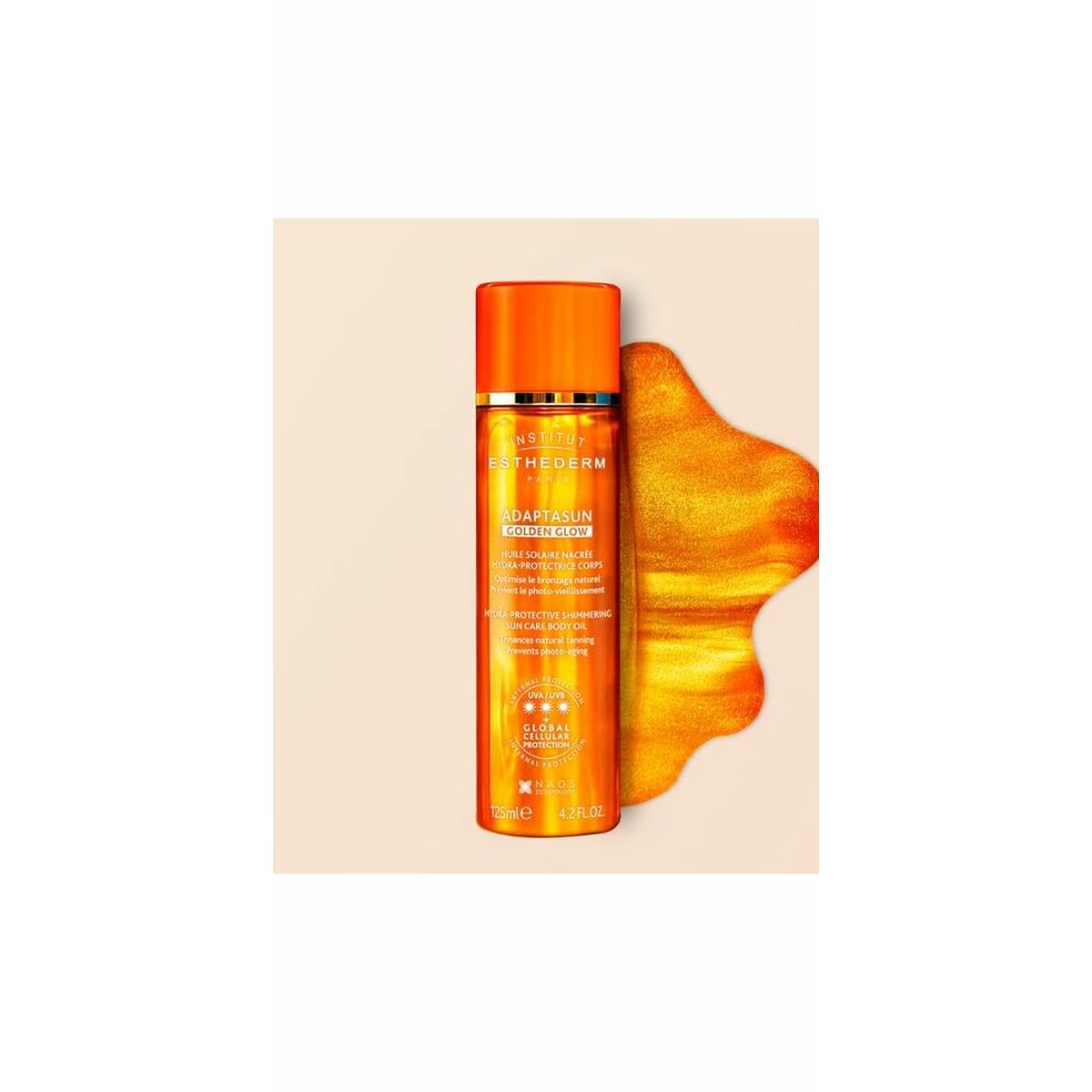 Protecteur solaire Institut Esthederm L'HUILE SOLAIRE SPF 50+ en flacon de 125 ml avec texture huile dorée.