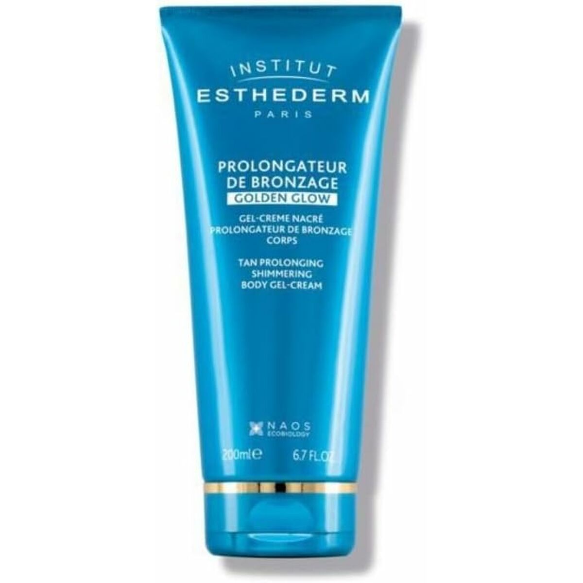 Institut Esthederm Prolongateur de Bronzage Golden Glow body gel-cream in blue packaging, 200ml, tan prolonging product.
