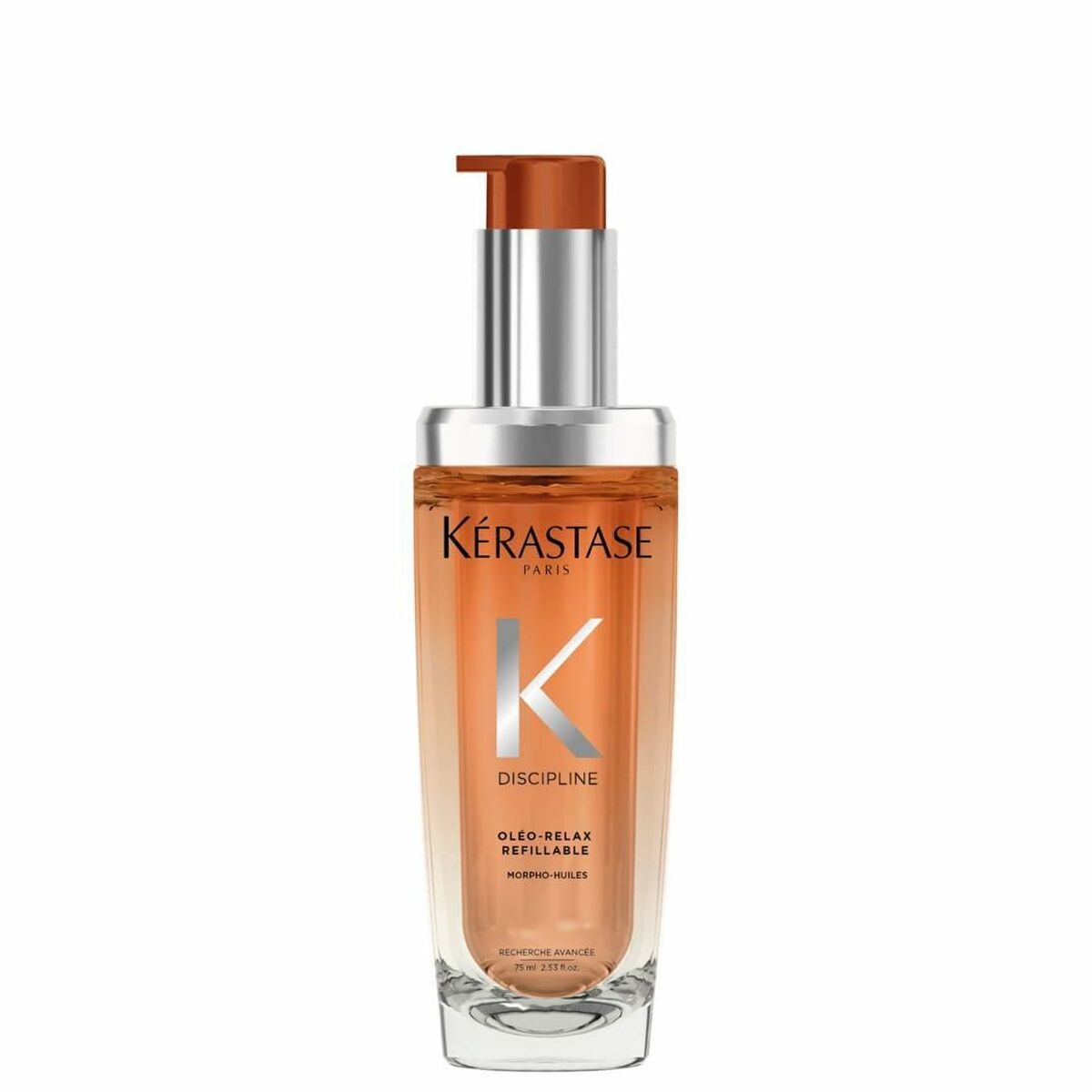 Kerastase Discipline Oleo-Relax hair serum in a 75 ml bottle with pump dispenser, designed for smooth, manageable hair.
