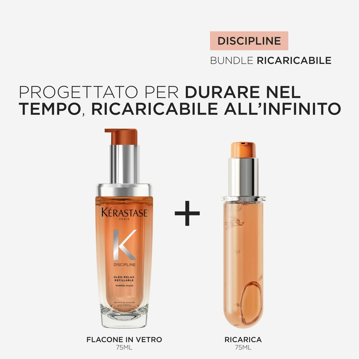 Masque pour cheveux Kerastase DISCIPLINE 75 ml avec flacon en verre et recharge, conçu pour durer et recyclable.