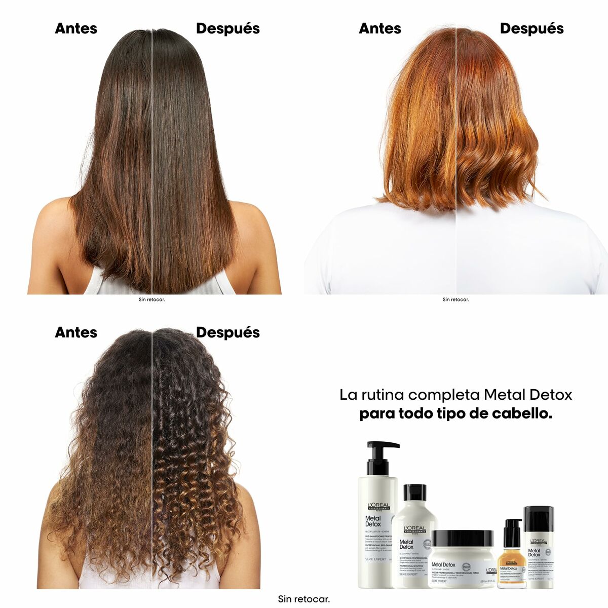 Avant-après du masque réparateur L'Oreal Professionnel Metal Detox sur différents types de cheveux.