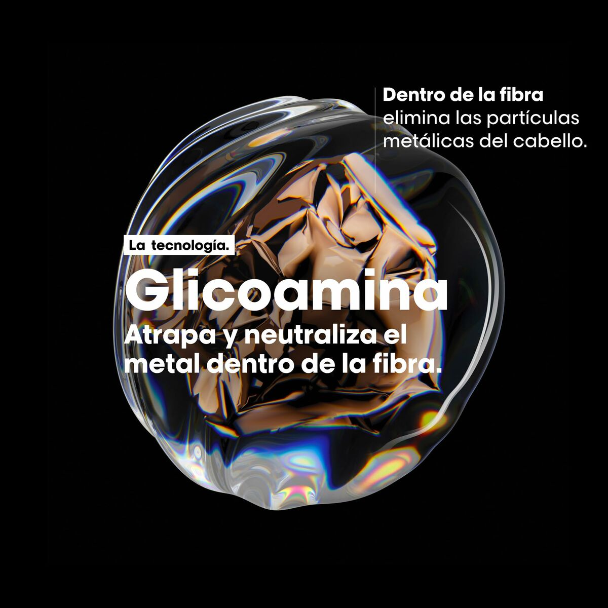 Image illustrating Glycoamine technology that captures and neutralizes metal particles in hair fibers.