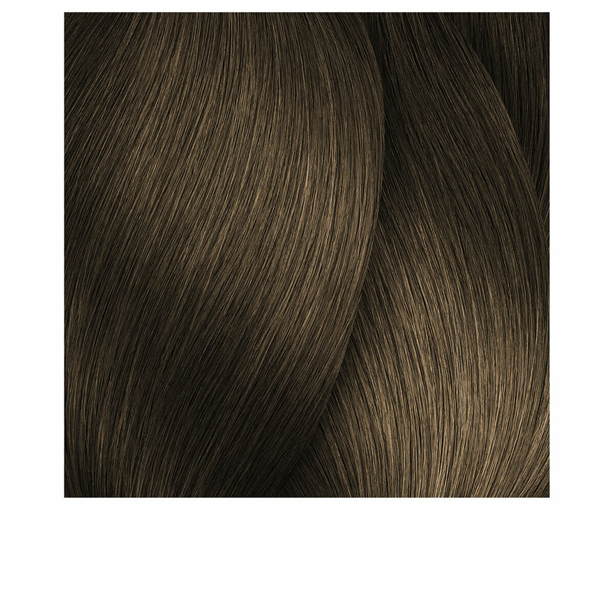 Texture of smooth, shiny, dark brown hair strands showcasing color Nº 7.18 for L'Oreal Professionnel Paris products.