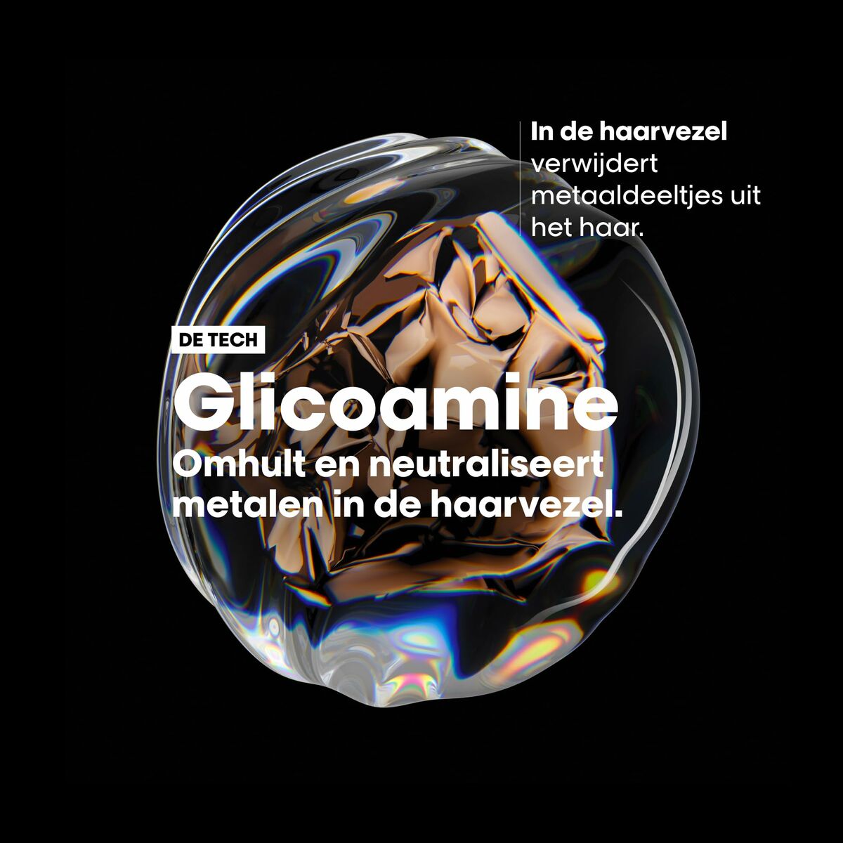Image of Glicoamine molecular structure, showcasing its ability to neutralize metal particles in hair.
