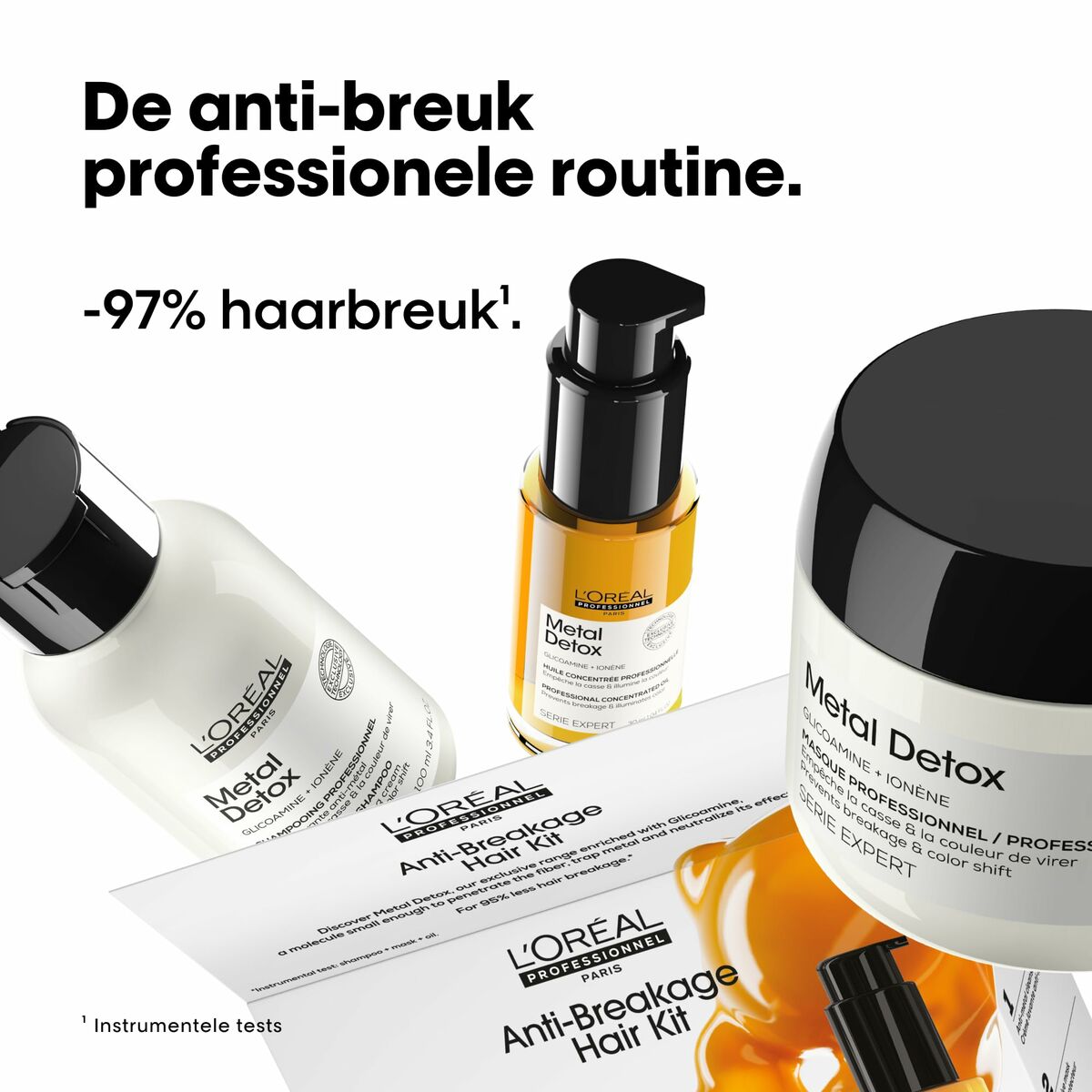 L'Oreal Professionnel Paris Metal Detox Anti-Breakage Hair Kit with serum, mask, and oil for damaged hair.