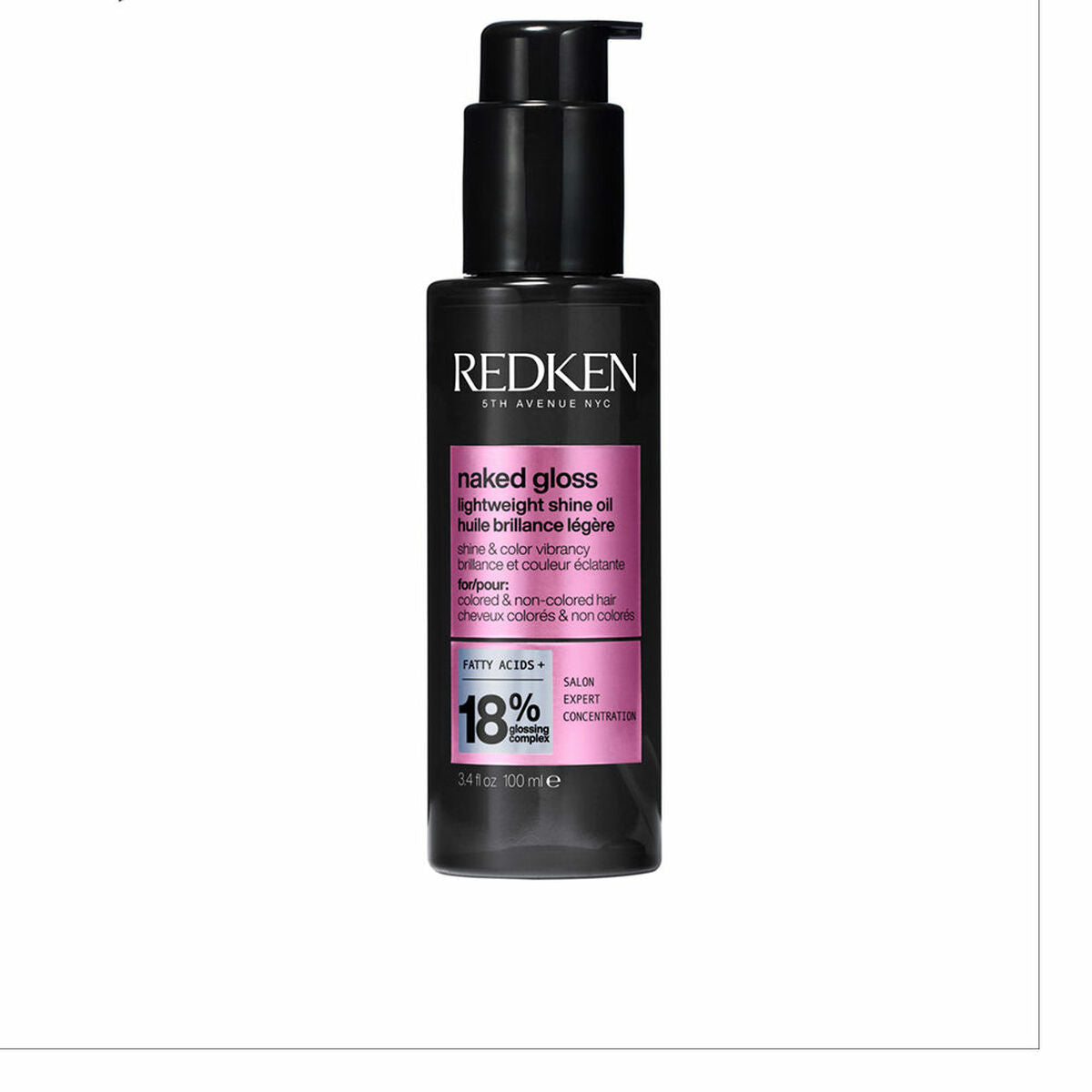 Redken Naked Gloss lightweight shine oil in pump bottle, ideal for enhancing hair color and shine, 100ml.