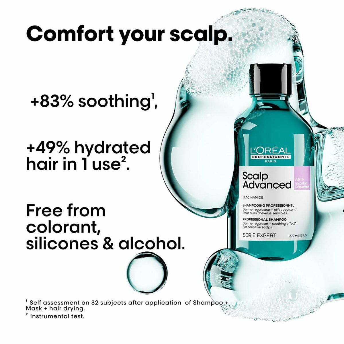 L'Oreal Professionnel Scalp Advanced Shampoo 300ml, soothing scalp care, hydrates hair, free from colorants and silicones.