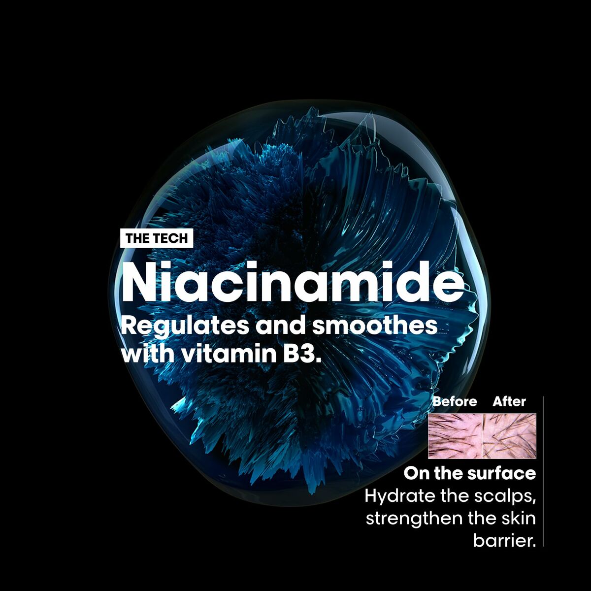 Illustration of niacinamide benefits, highlighting regulation and smoothness with vitamin B3, before and after effects.