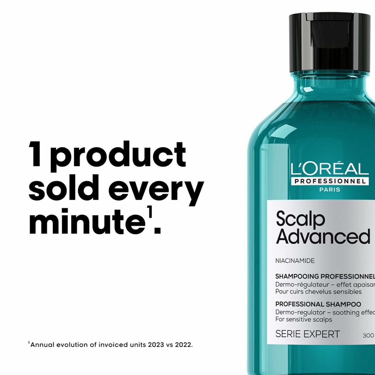 Bouteille de shampooing professionnel L'Oreal Scalp Advanced 300 ml, avec message sur les ventes et ingrédients.