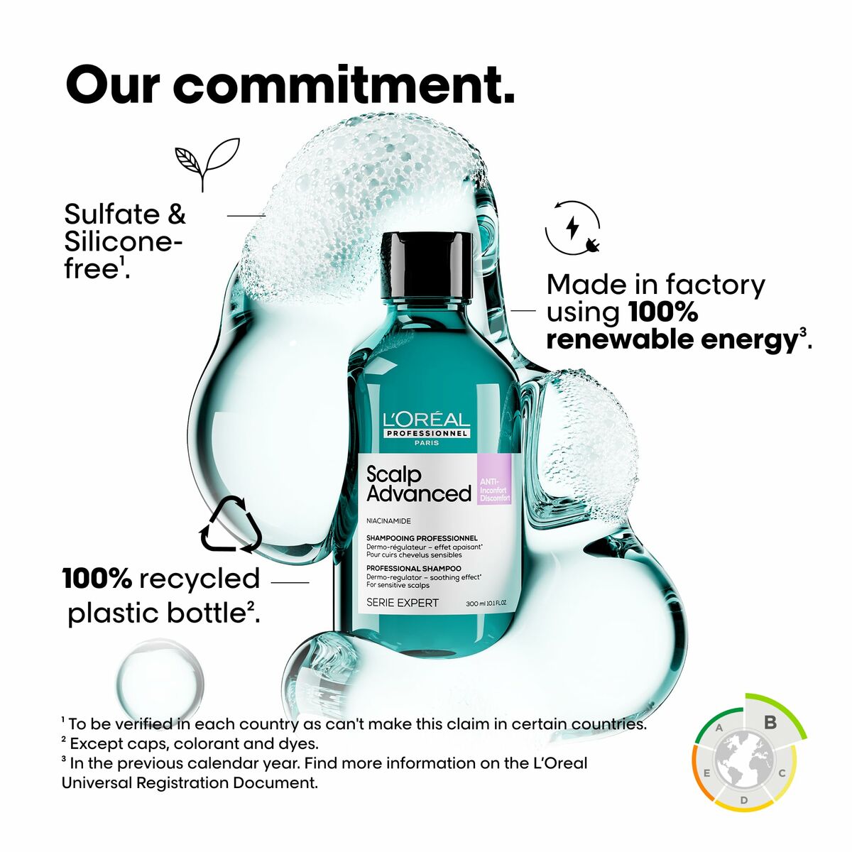 L'Oreal Professionnel Scalp Advanced shampoo in a bottle, highlighting eco-friendly features and recyclable packaging.