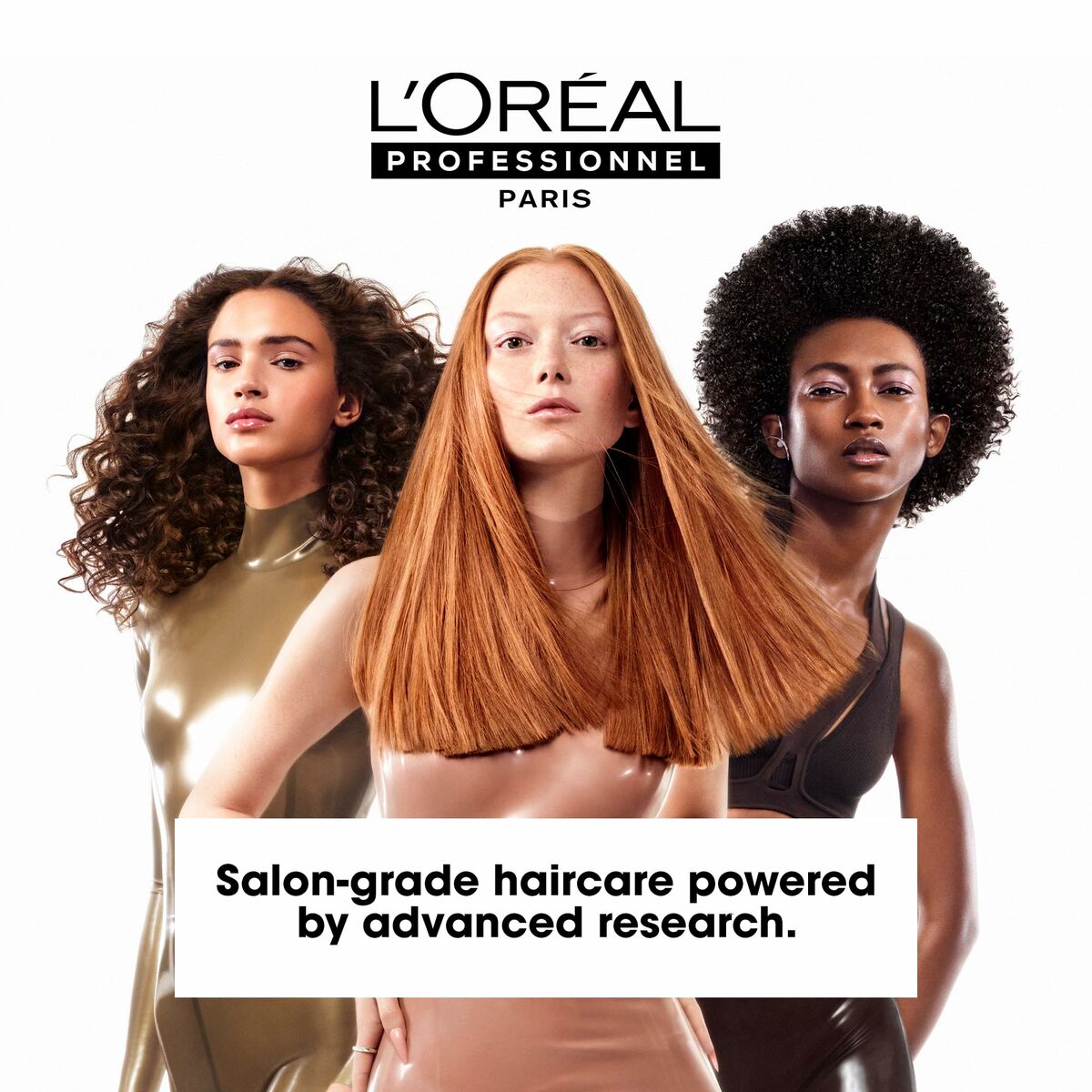 Three models with diverse hairstyles promoting L'Oreal Professionnel Paris salon-grade haircare products.