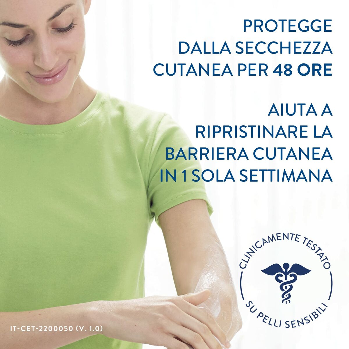 Woman applying Cetaphil lotion, promising 48-hour skin protection and barrier restoration for sensitive skin.