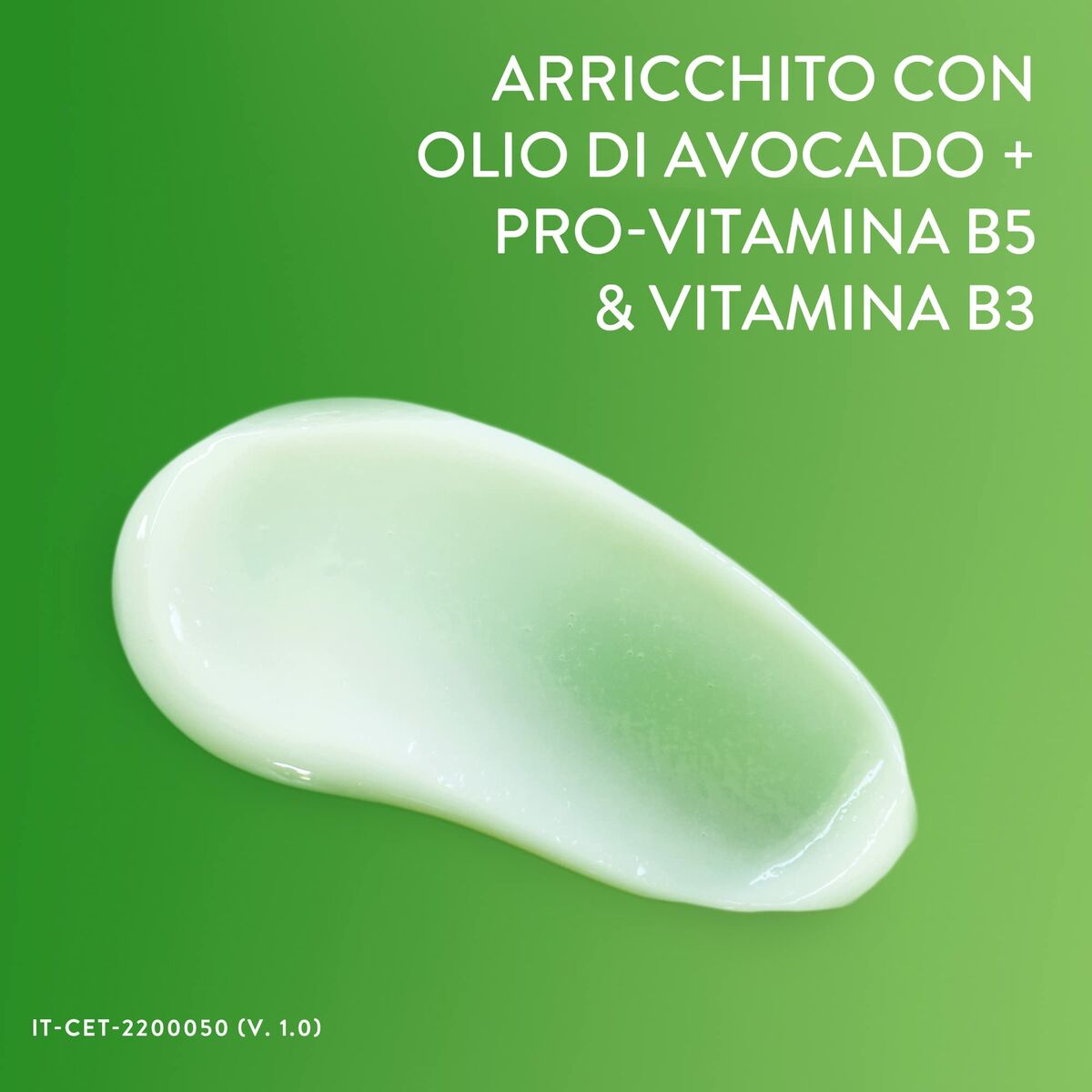 Textured green lotion enriched with avocado oil, pro-vitamin B5, and vitamin B3 on a vibrant backdrop.