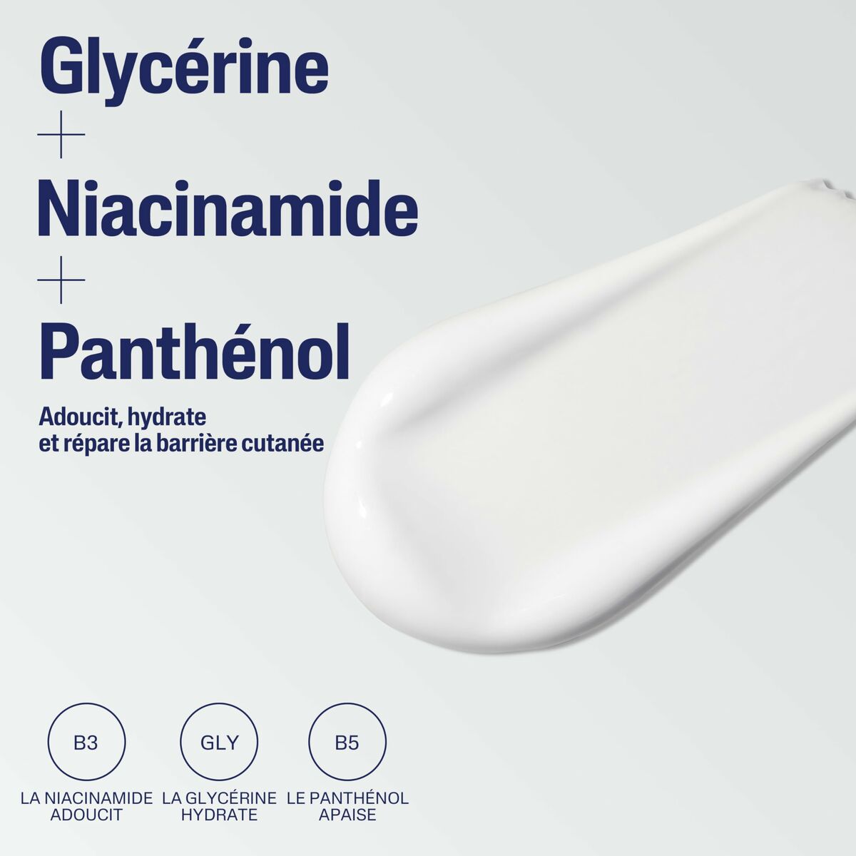 Texture of a moisturizing cream featuring Glycerin, Niacinamide, and Panthenol for skin hydration and repair.