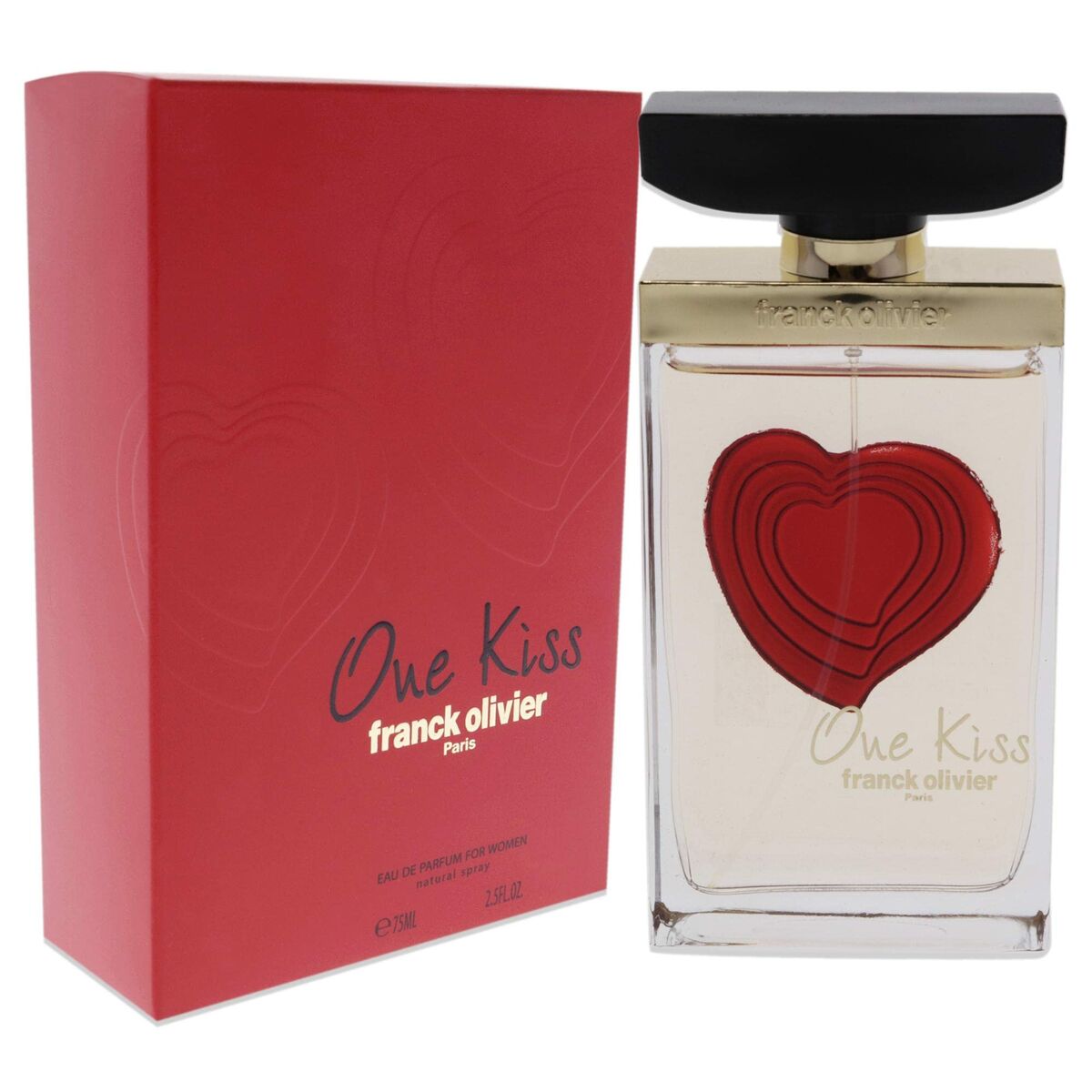 Parfum Femme Franck Olivier One Kiss 75 ml with heart-shaped design box, showcasing the elegant Eau de Parfum bottle.
