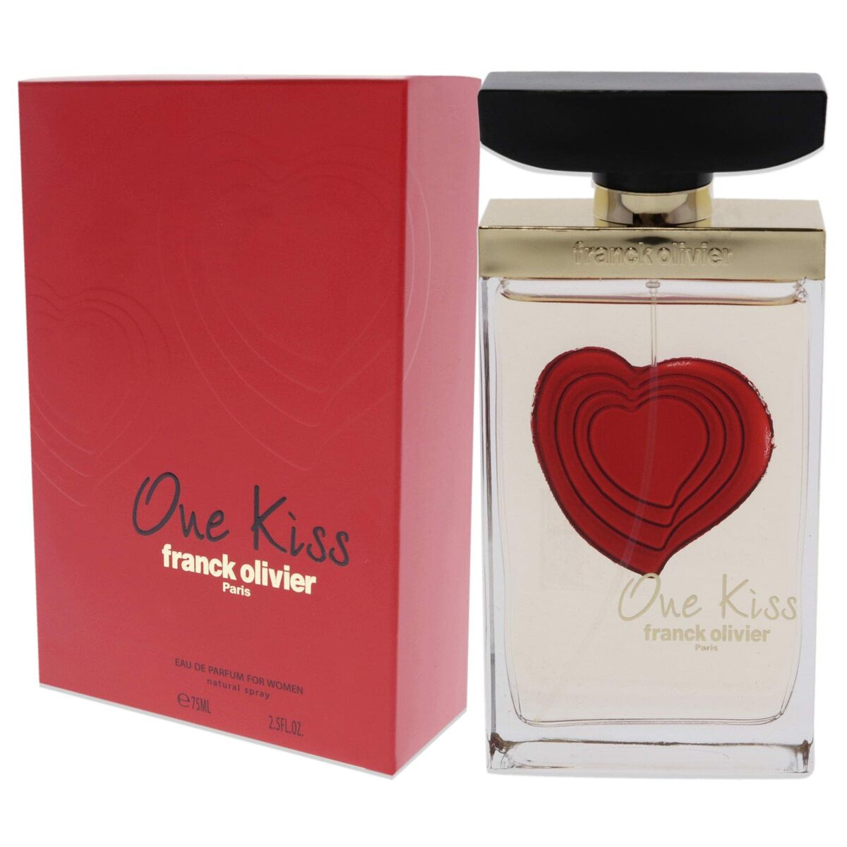 Parfum Femme Franck Olivier One Kiss 75 ml avec emballage rouge et flacon en forme de cœur, idéale pour exprimer votre féminité.