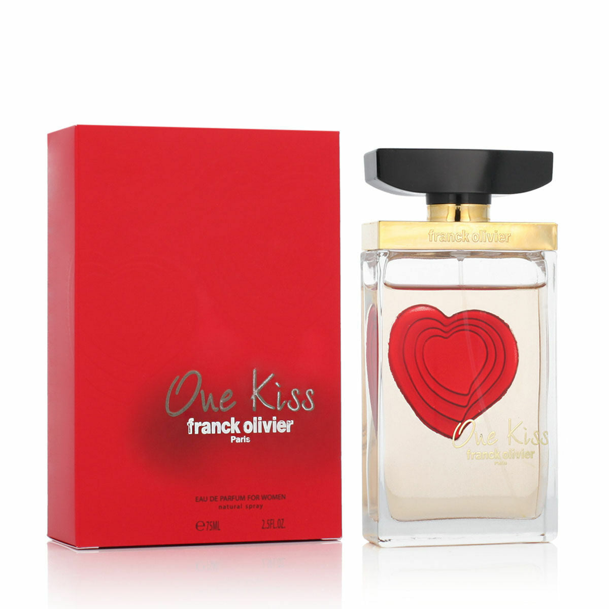 Parfum Femme Franck Olivier One Kiss 75 ml avec flacon en verre et boîte rouge, élégant et parfum unique.