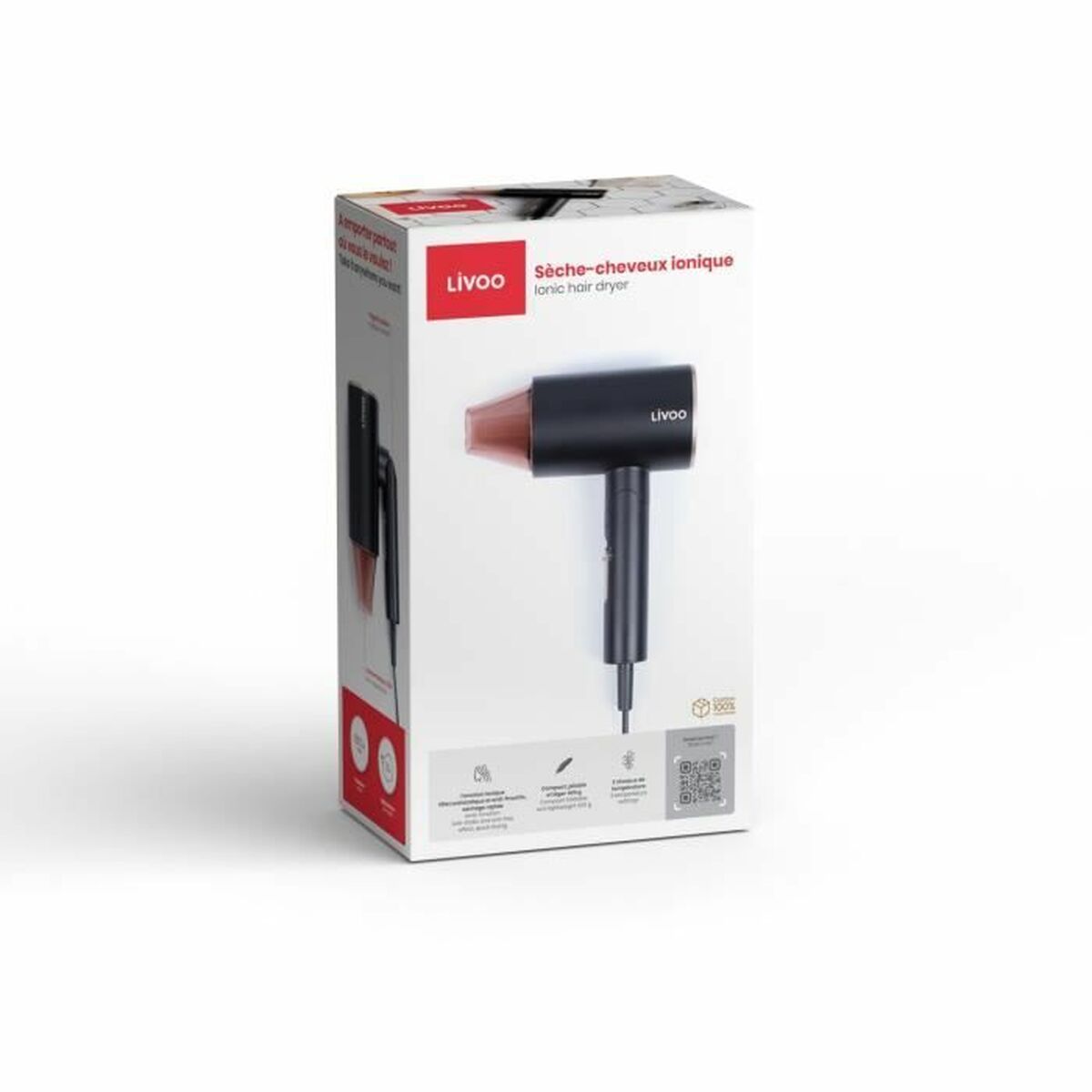 Sèche-cheveux Livoo DOS173 Noir/Rose 1600 W en boîte, technologie ionique, pliable et trois niveaux de température.