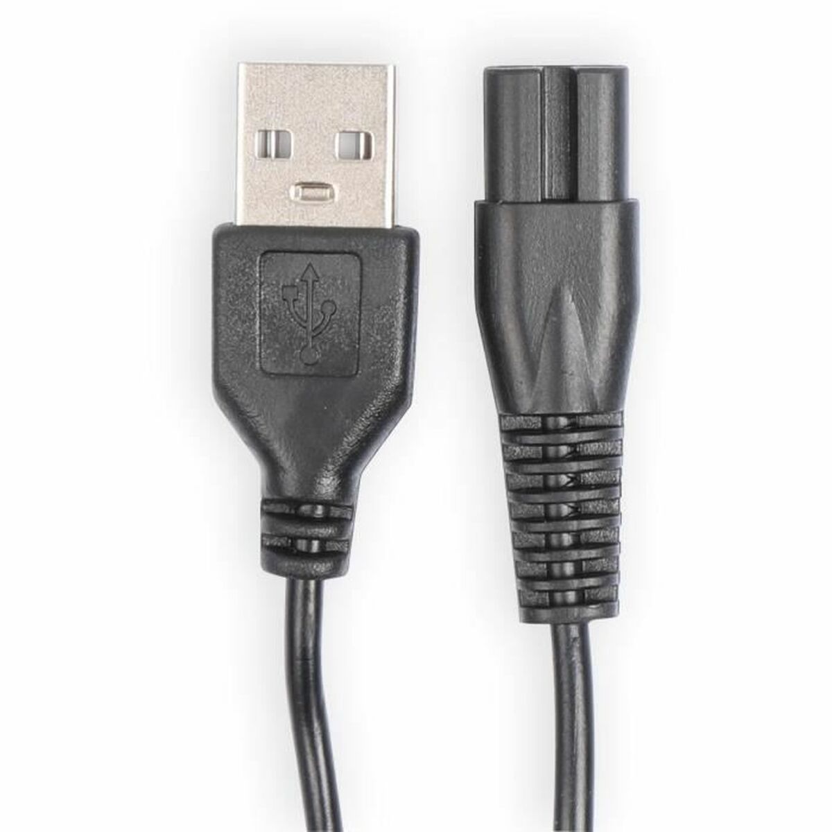 Câble USB noir avec deux connecteurs, utilisé pour le chargement d'appareils électroniques.