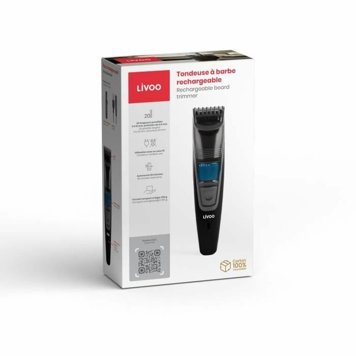 Livoo rechargeable beard trimmer in packaging, adjustable and wireless, perfect for face grooming.