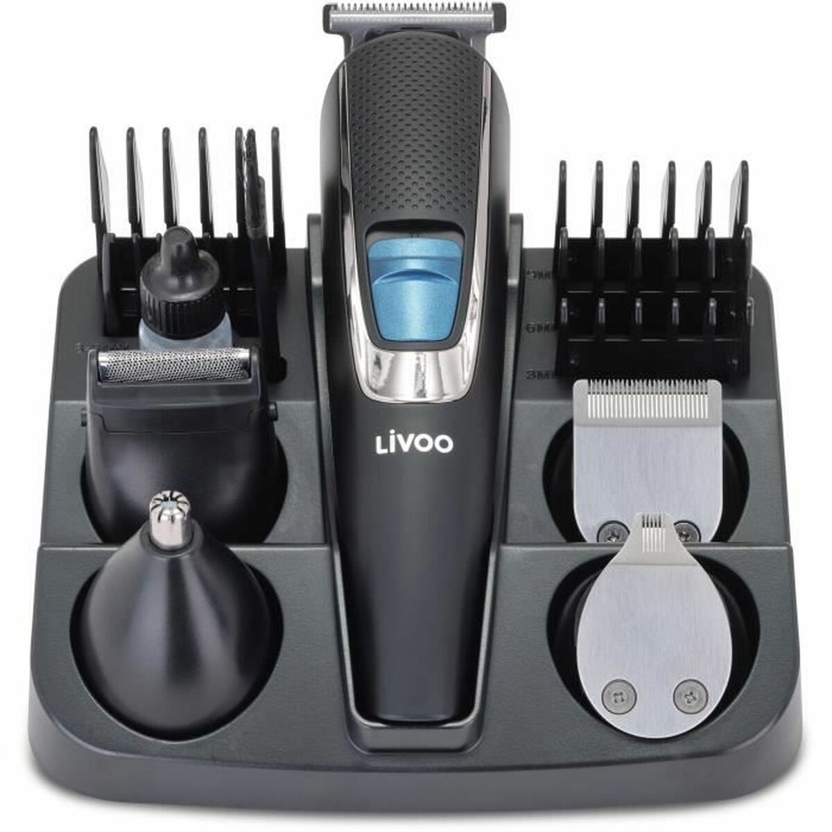 Tondeuse Livoo DOS187 avec accessoires, rechargeable, idéale pour le visage et les cheveux, couleur noire et bleue.