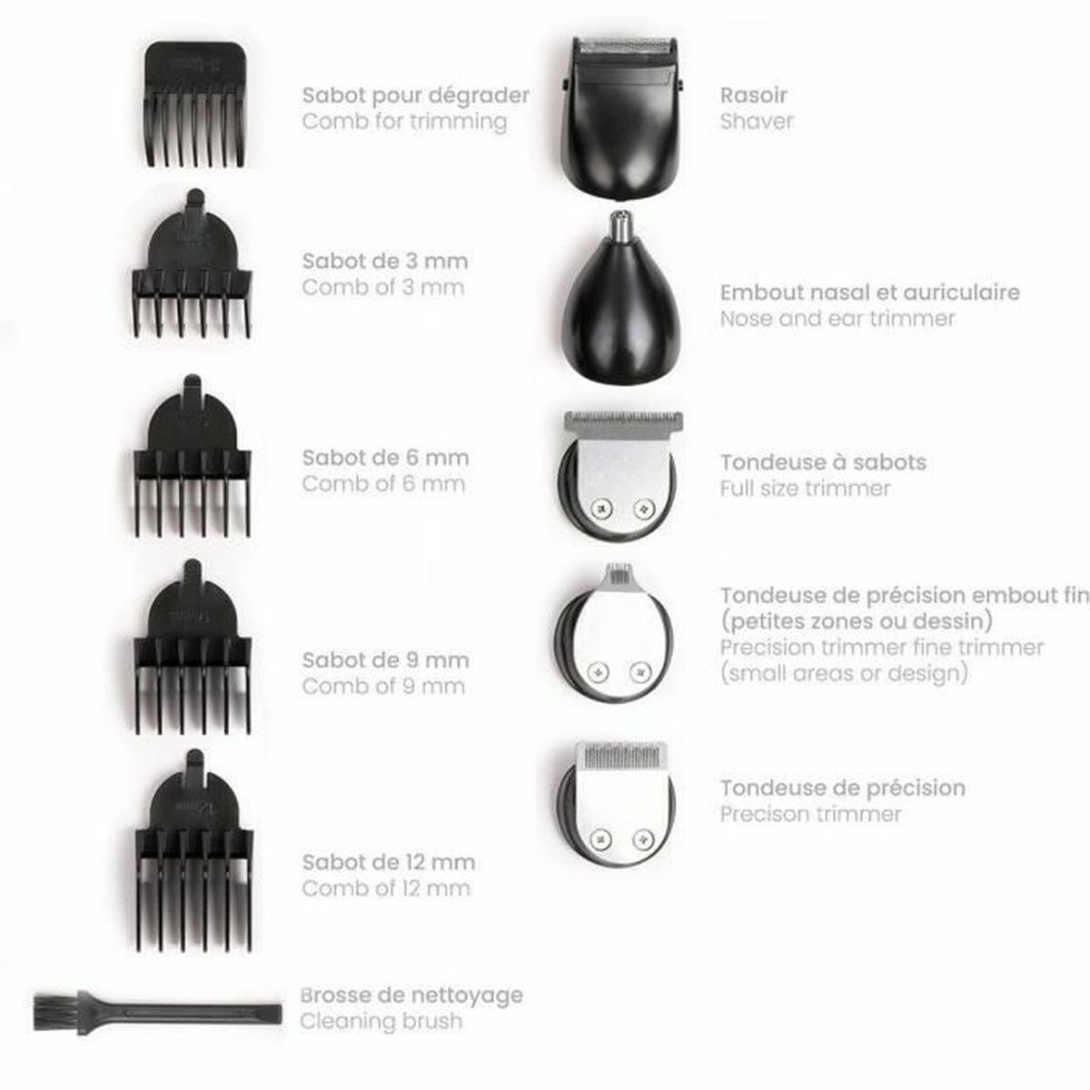 Accessories for Tondeuse Livoo DOS187: trimmer combs, shaver head, nose ear trimmer, precision trimmers, and cleaning brush.