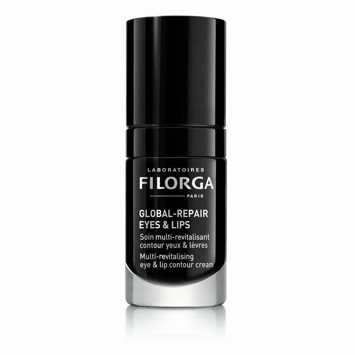 Crème anti-âge contour des yeux et lèvres Filorga en flacon noir, soin revitalisant pour la beauté.